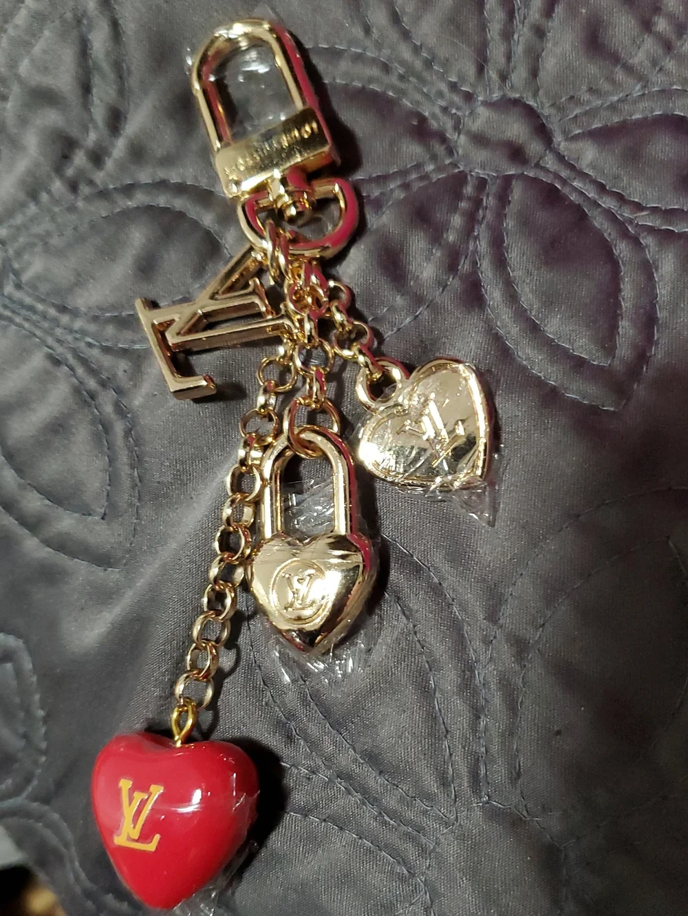 Lv Gold-Tone Chain Bracelet with Red Heart Charm